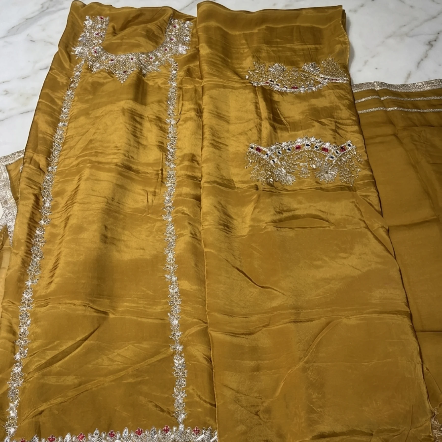 Women’s mustard unstitched suit with dabka work