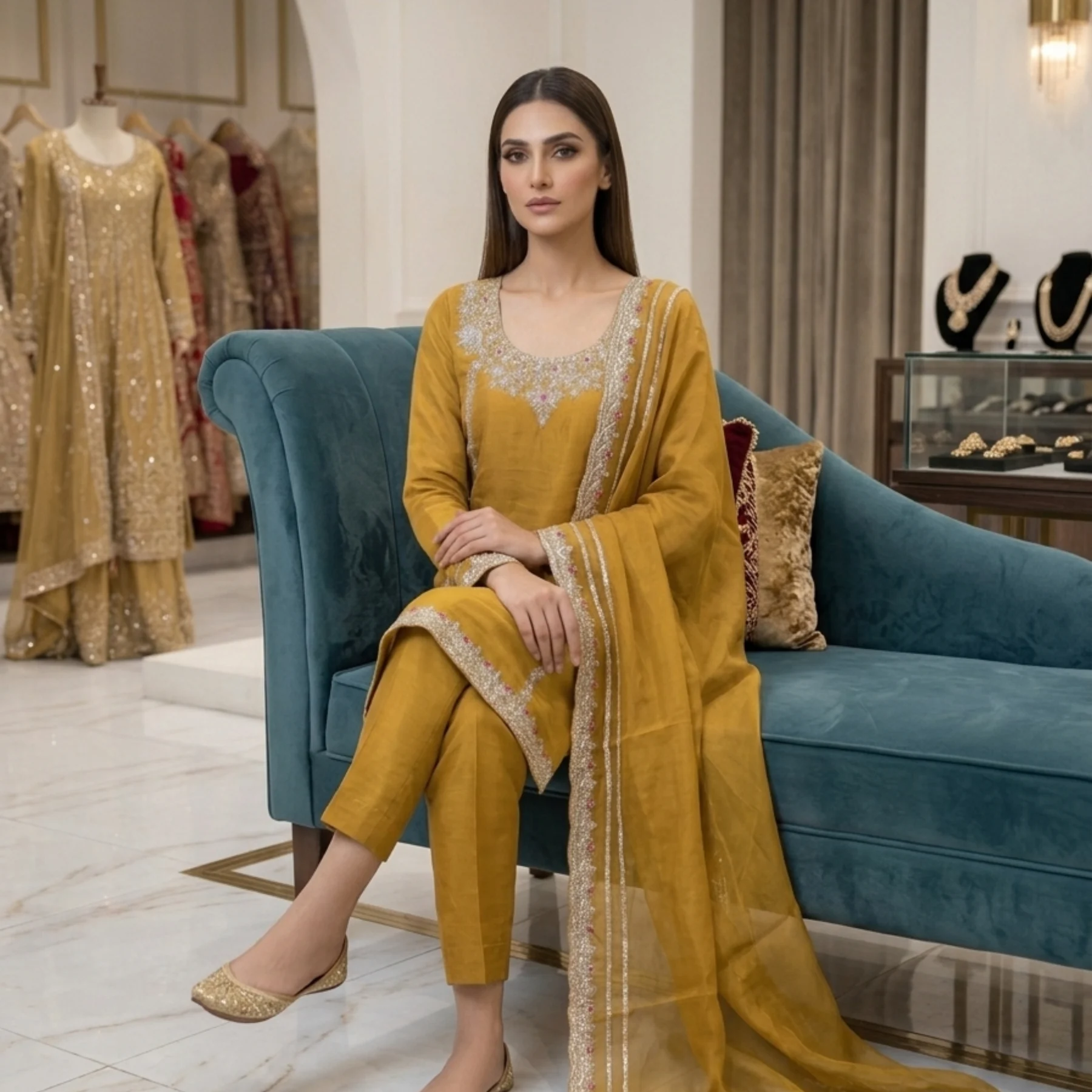 Women’s mustard unstitched suit with dabka work