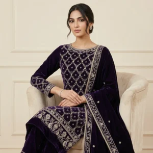 Violet velvet unstitched suit for women