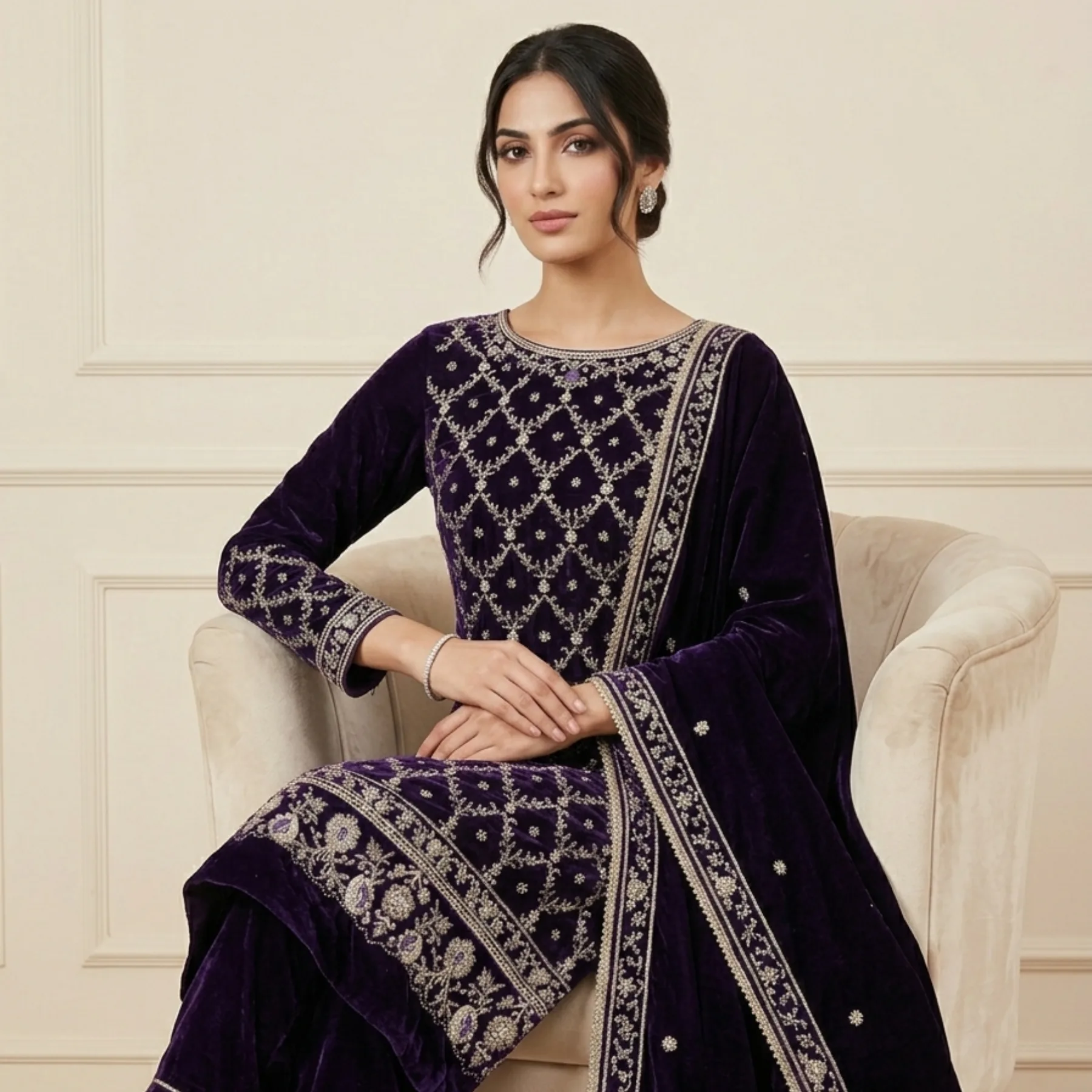 Violet velvet unstitched suit for women