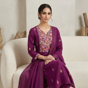 Wine georgette unstitched suit with thread work on neck and plain bottom by Kharatis