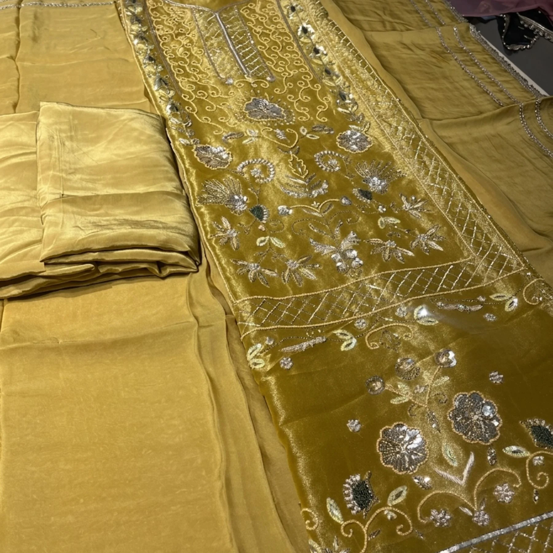 Green golden unstitched suit for women