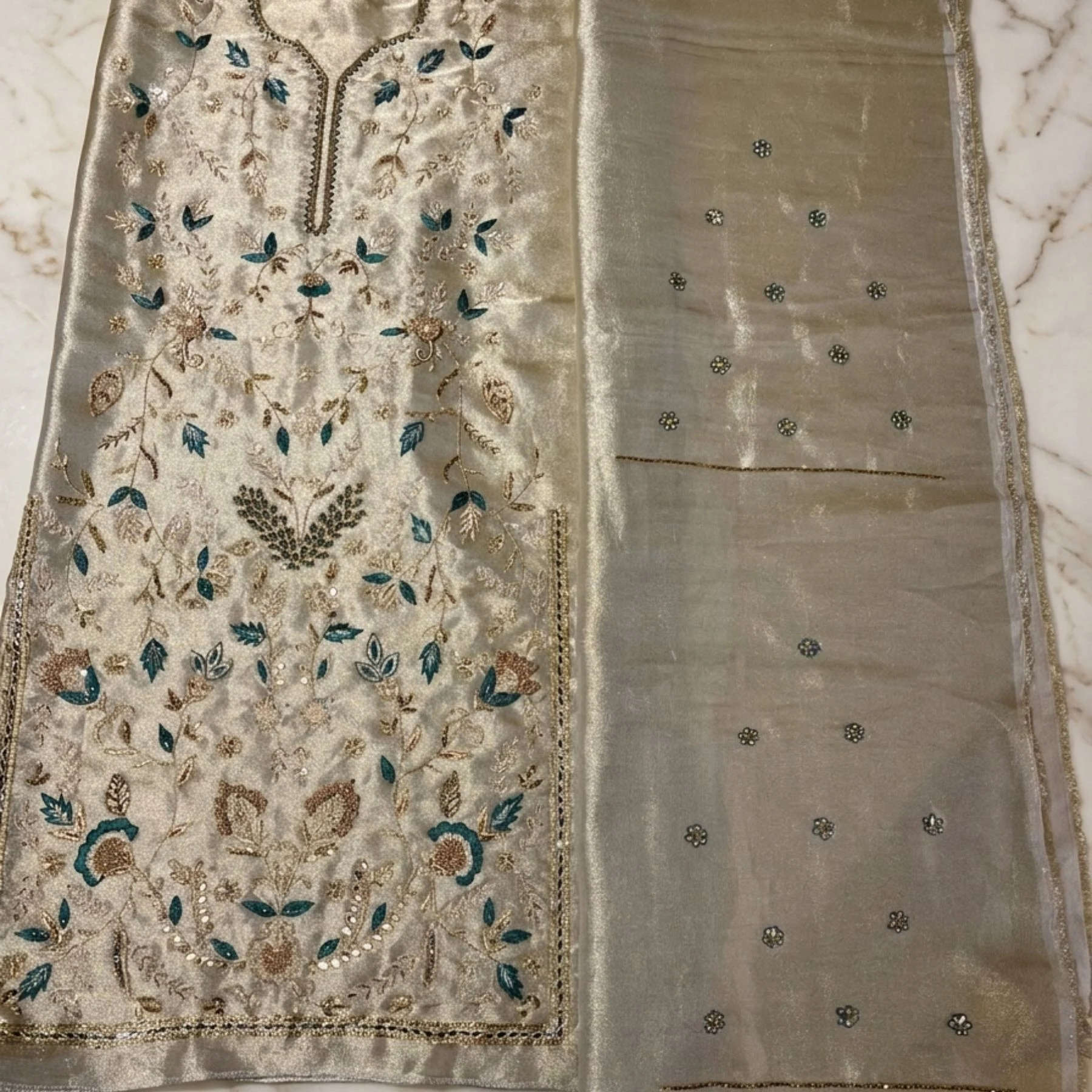 Women’s golden shimmer embroidered unstitched suit