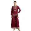 Woman wearing wine masleen silk embroidered co-ord set