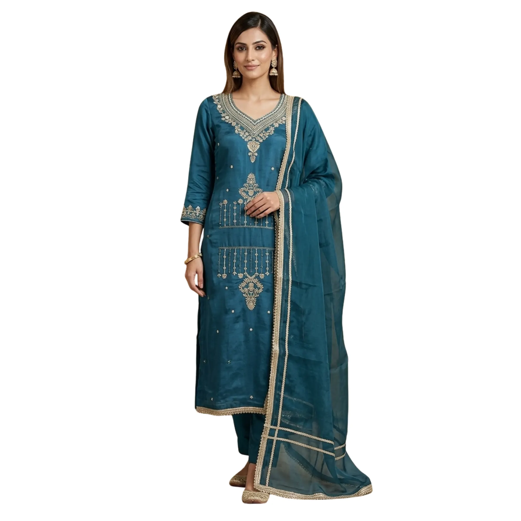 Women’s teal blue crepe unstitched suit with diamond work