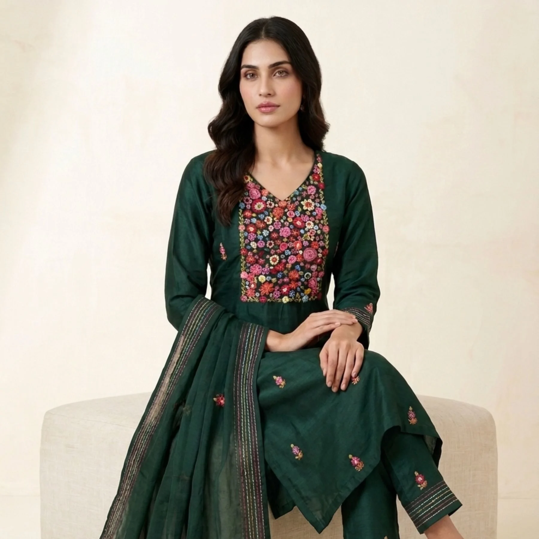 Bottle green georgette unstitched suit with thread work on neck by Kharatis
