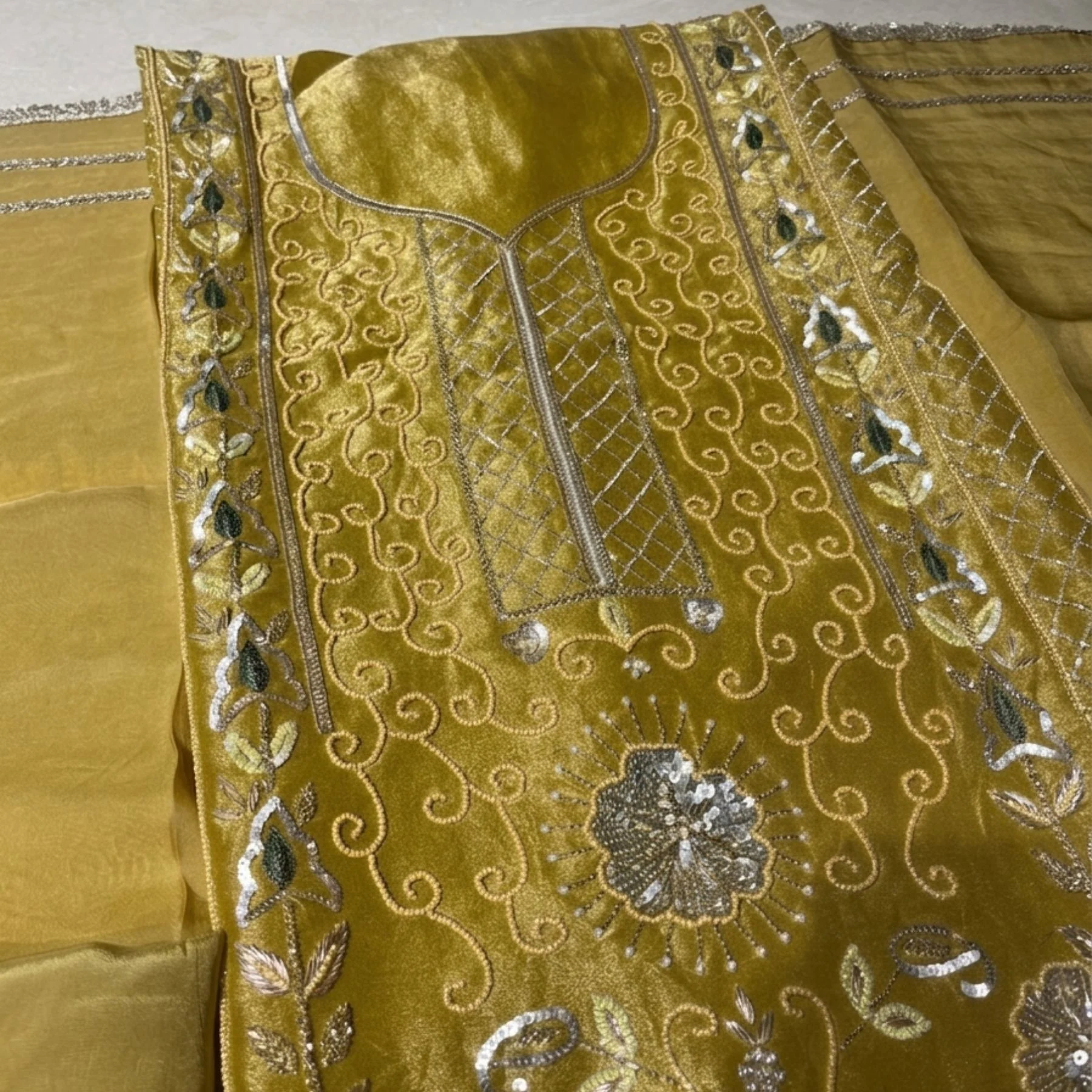 Green golden unstitched suit for women