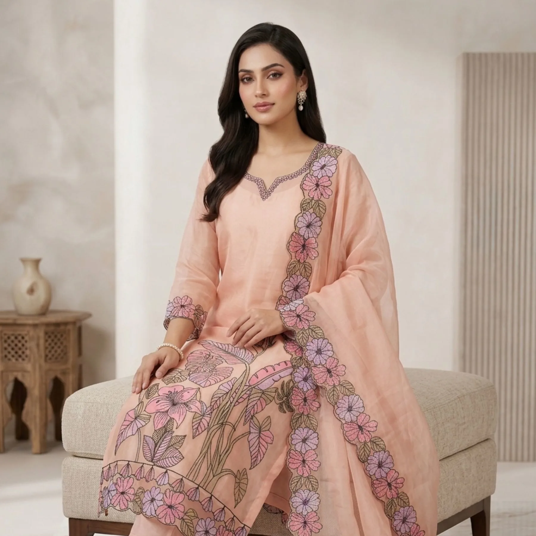 Organza embroidered unstitched suit for women
