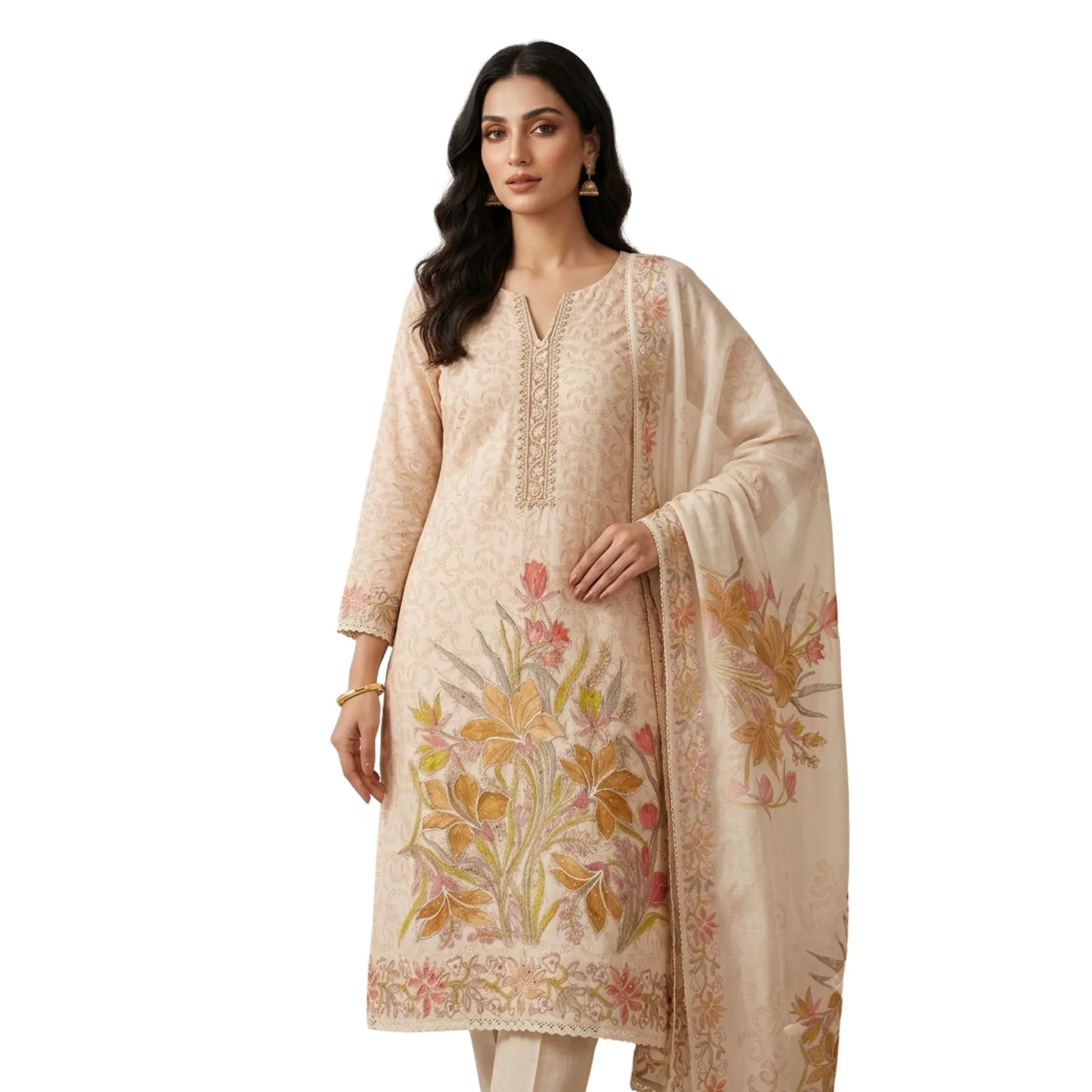 Warm beige mul cotton unstitched suit with floral motifs by Kharatis