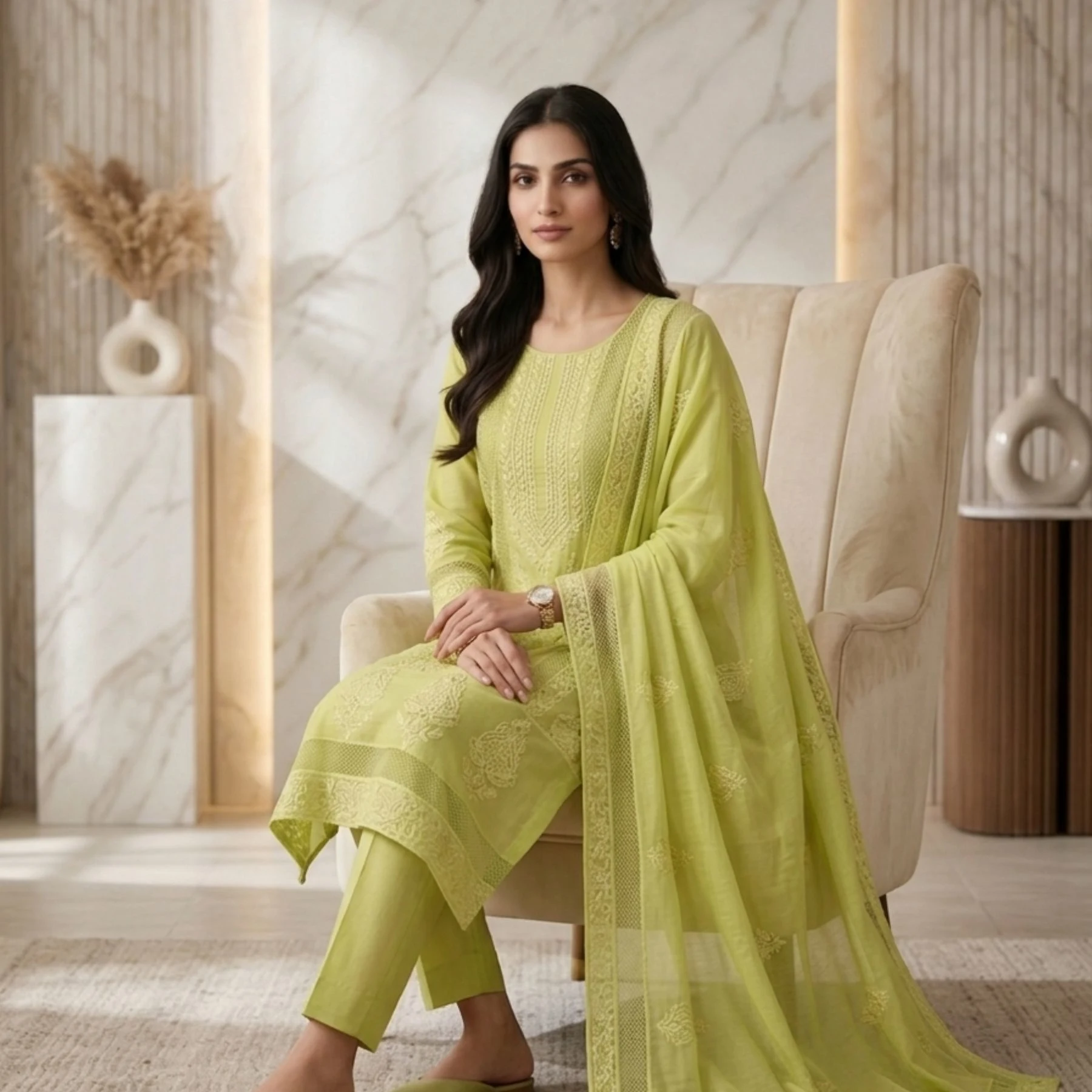 Vibrant soft lime green unstitched suit with Chikankari embroidery by Kharatis