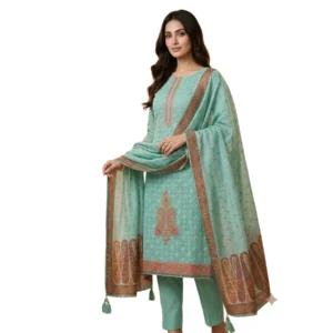 Mint turquoise unstitched suit with jaal embroidery and thread work pattern by Kharatis