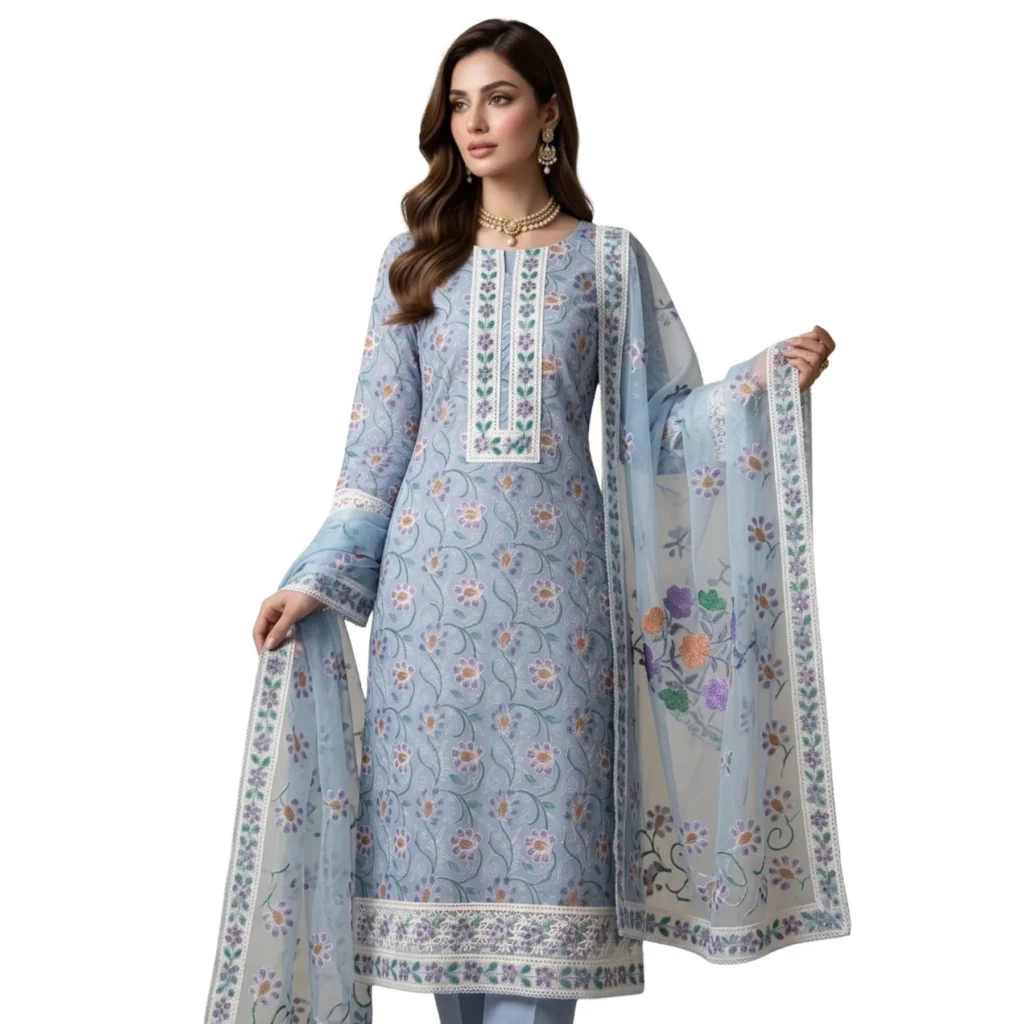 Light sky blue cambric cotton unstitched suit with paint work by Kharatis