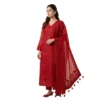 Rich vibrant red unstitched suit with structured embroidery on neck and dupatta by Kharatis