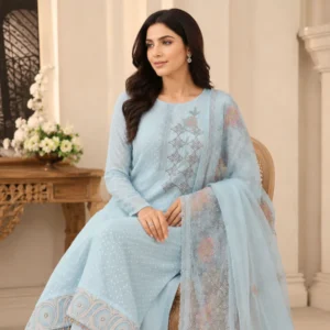 Pure mul cotton powder blue unstitched suit highlighted with bead work by Kharatis