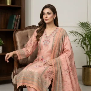 Premium pastel peach pink unstitched suit with sage floral embroidery by Kharatis