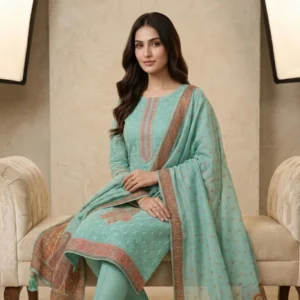 Mint turquoise unstitched suit with jaal embroidery and thread work pattern by Kharatis