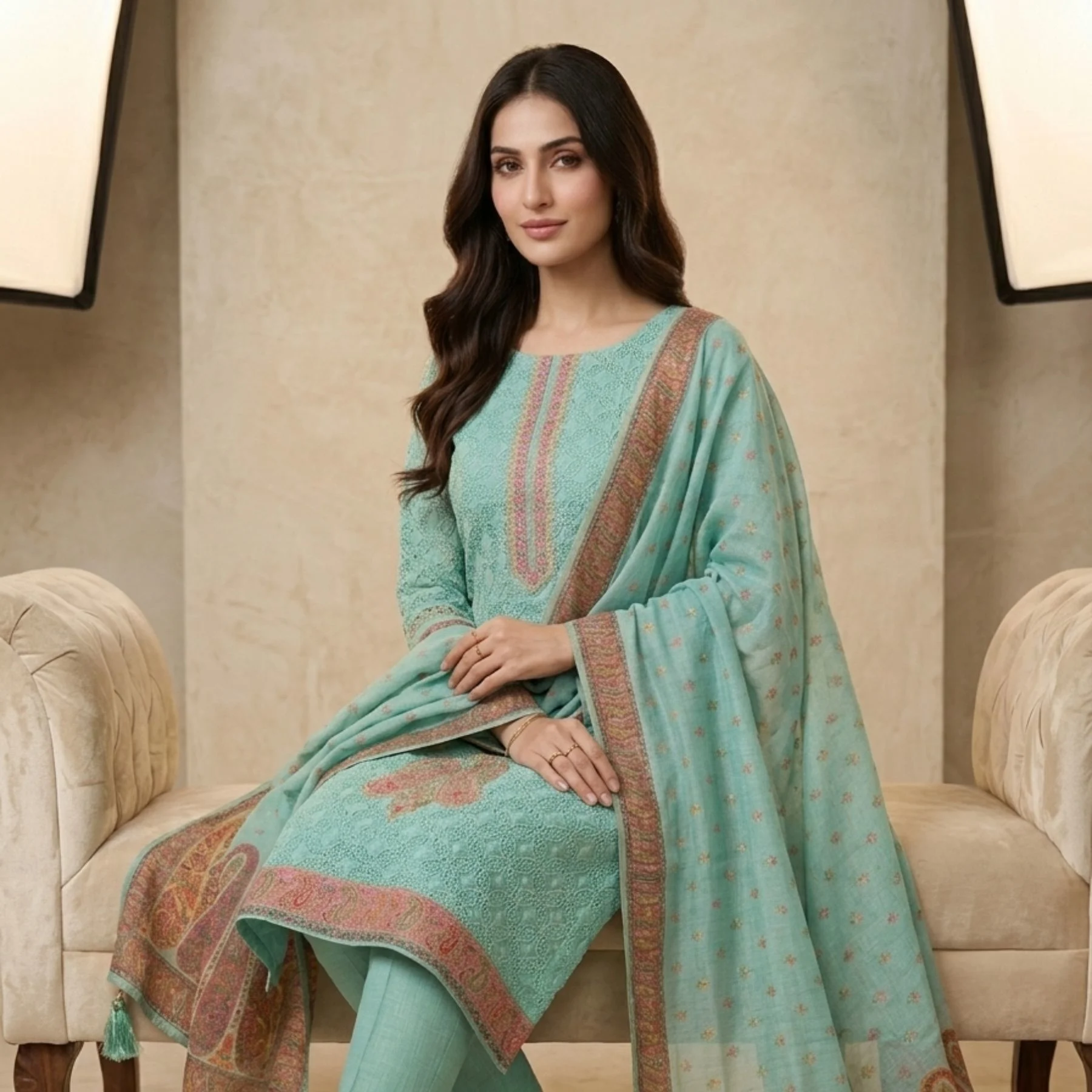 Mint turquoise unstitched suit with jaal embroidery and thread work pattern by Kharatis
