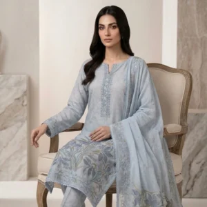 Light monochromatic sky blue mul cotton unstitched suit with paint work and Aari embroidery by Kharatis