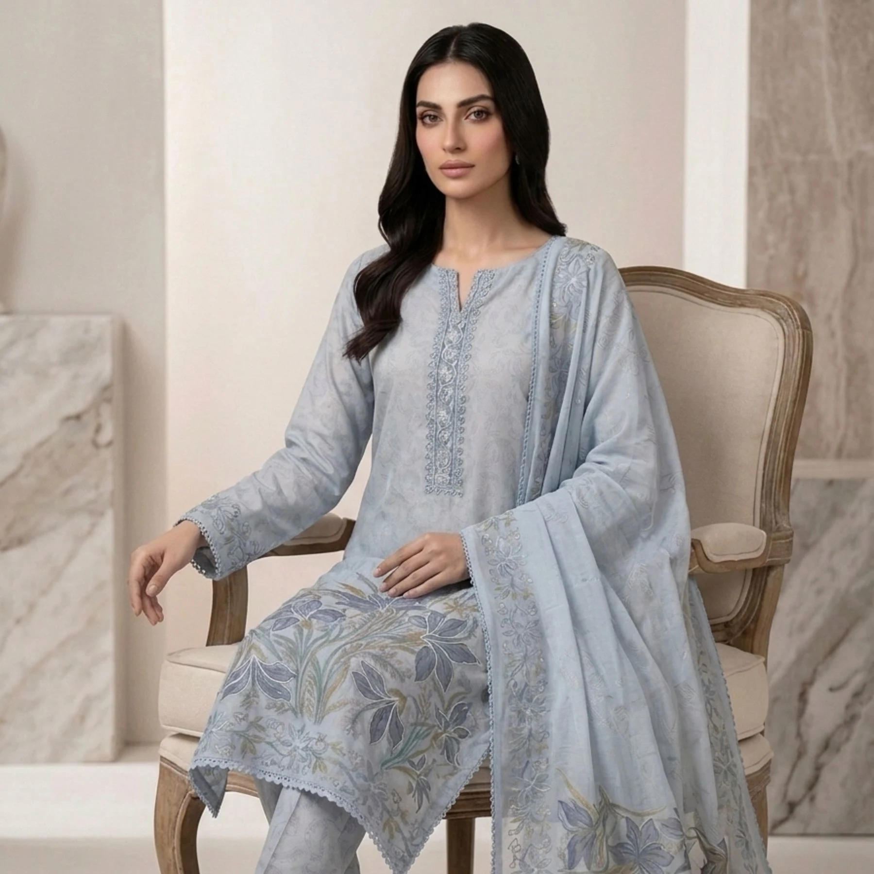 Light monochromatic sky blue mul cotton unstitched suit with paint work and Aari embroidery by Kharatis