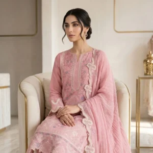 Soft muted dusty pink mul cotton unstitched suit with delicate floral motifs by Kharatis