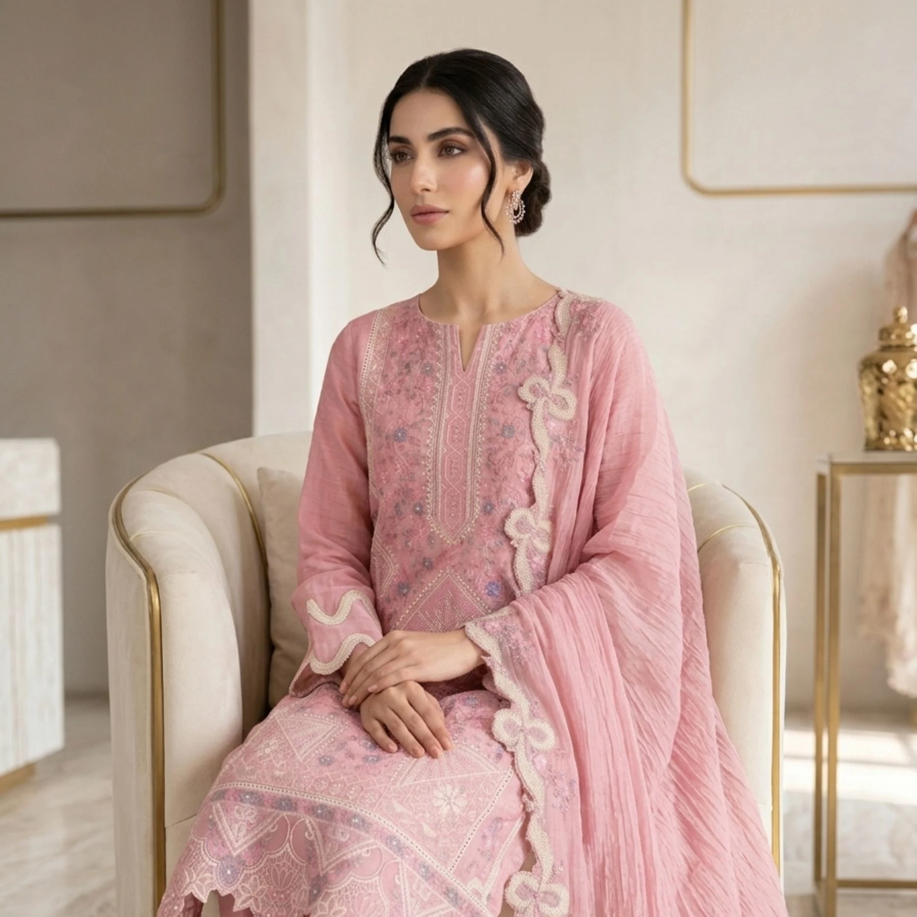 Soft muted dusty pink mul cotton unstitched suit with delicate floral motifs by Kharatis