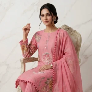 Vibrant rose pink pure mul cotton unstitched suit with neck patti by Kharatis