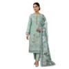 Pastel seafoam green mul chanderi unstitched suit with hand embroidered floral vine motifs by Kharatis