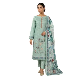 Pastel seafoam green mul chanderi unstitched suit with hand embroidered floral vine motifs by Kharatis