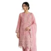 Soft muted dusty pink mul cotton unstitched suit with delicate floral motifs by Kharatis