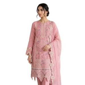 Soft muted dusty pink mul cotton unstitched suit with delicate floral motifs by Kharatis