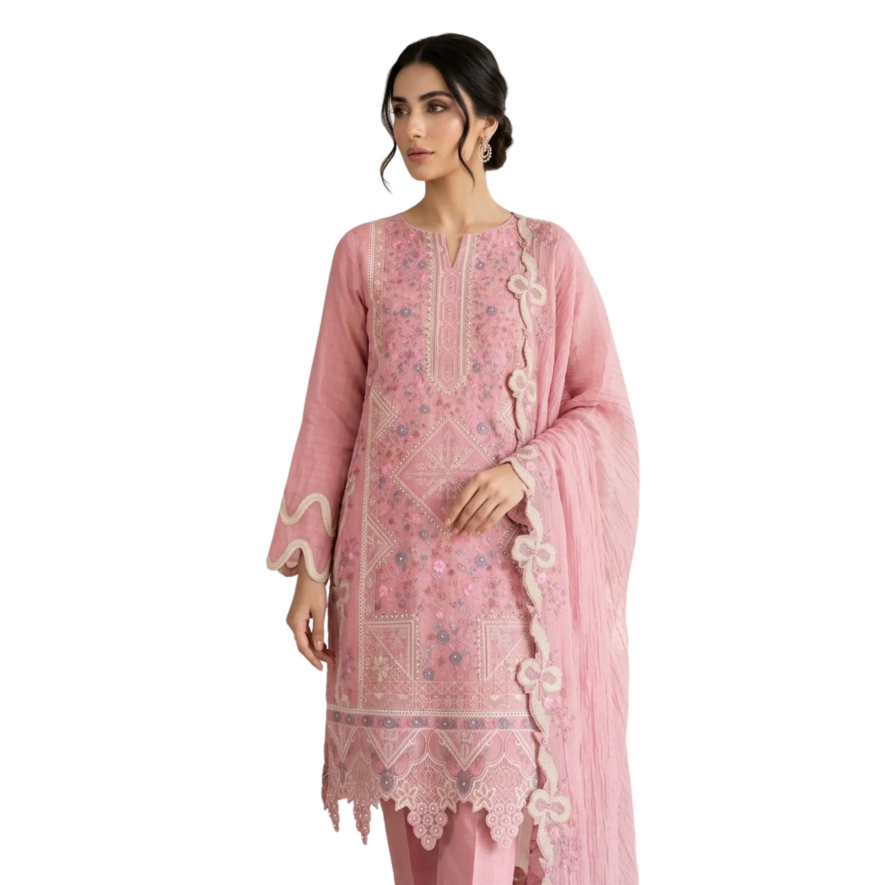 Soft muted dusty pink mul cotton unstitched suit with delicate floral motifs by Kharatis