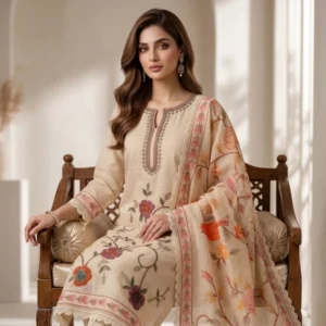 Light cream premium mul cotton unstitched suit with stylized floral sequin work by Kharatis