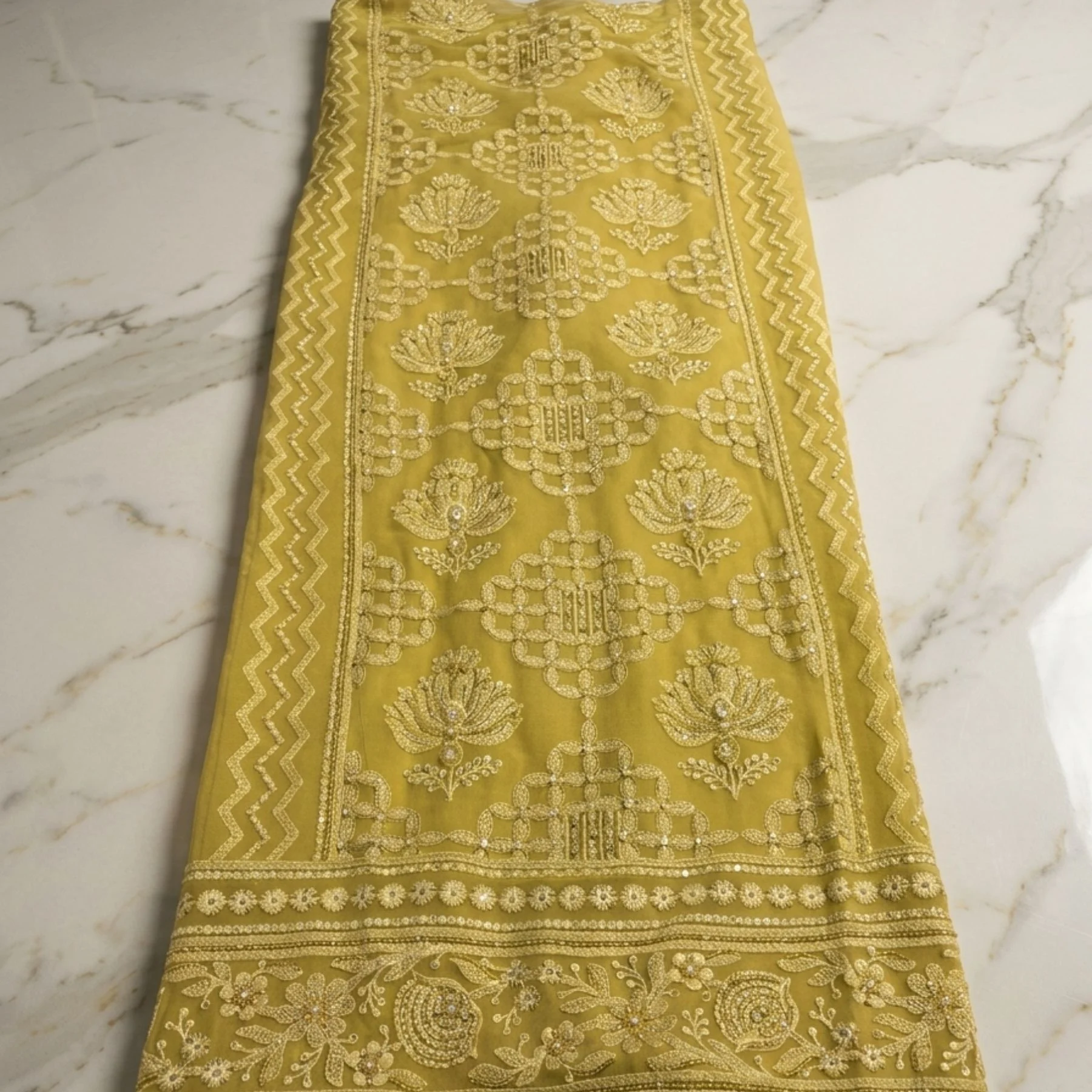 Premium georgette warm lime green unstitched suit with panel thread work by Kharatis