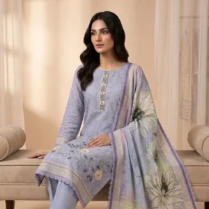 Lilac powder blue unstitched suit with appliqué petals and bead work by Kharatis