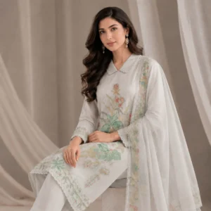 Powder mint green unstitched suit with delicate floral embroidery by Kharatis