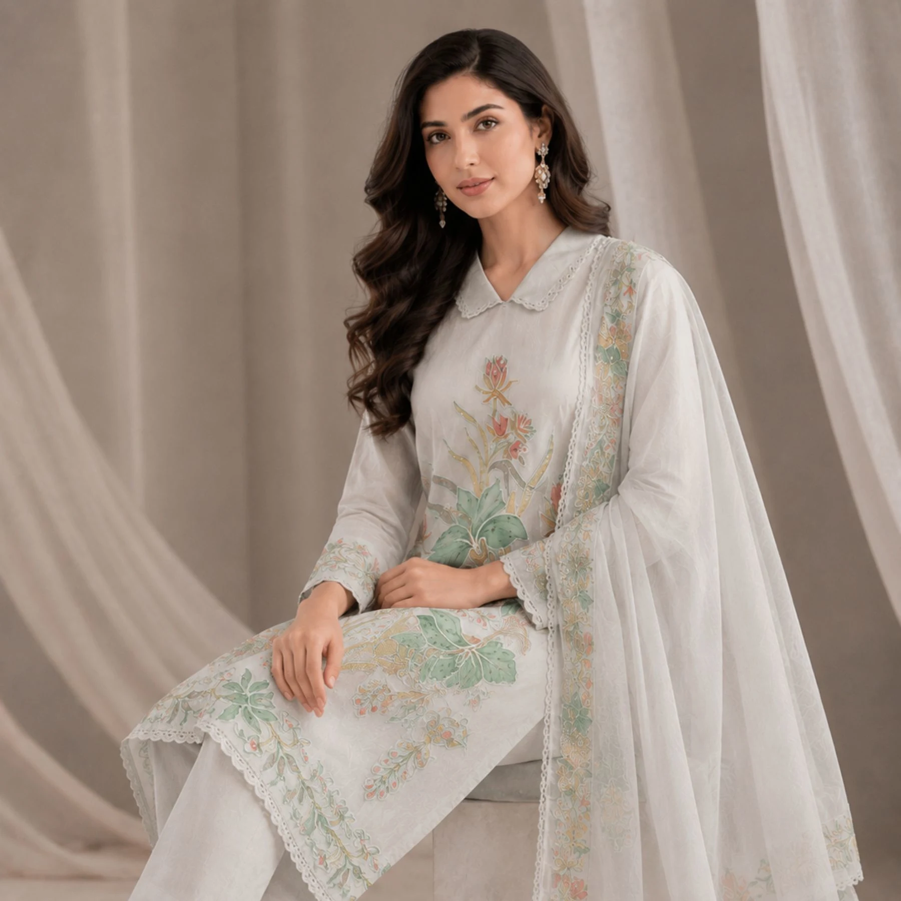 Powder mint green unstitched suit with delicate floral embroidery by Kharatis