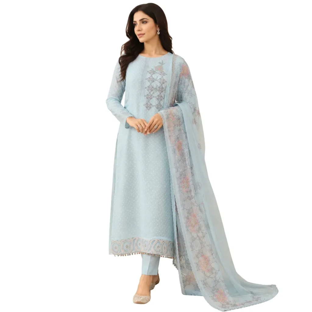 Pure mul cotton powder blue unstitched suit highlighted with bead work by Kharatis