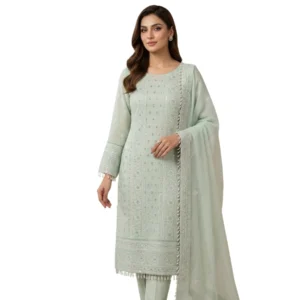 Pastel sage green georgette Lakhnawi unstitched suit with subtle shimmer and sequin detailing by Kharatis
