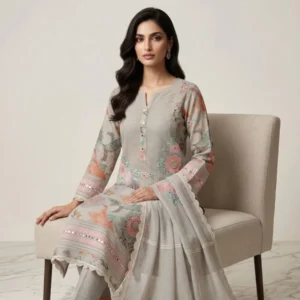 Pearl beige premium mul cotton unstitched suit with pastel pink and powder blue floral embroidery and mirror work by Kharatis