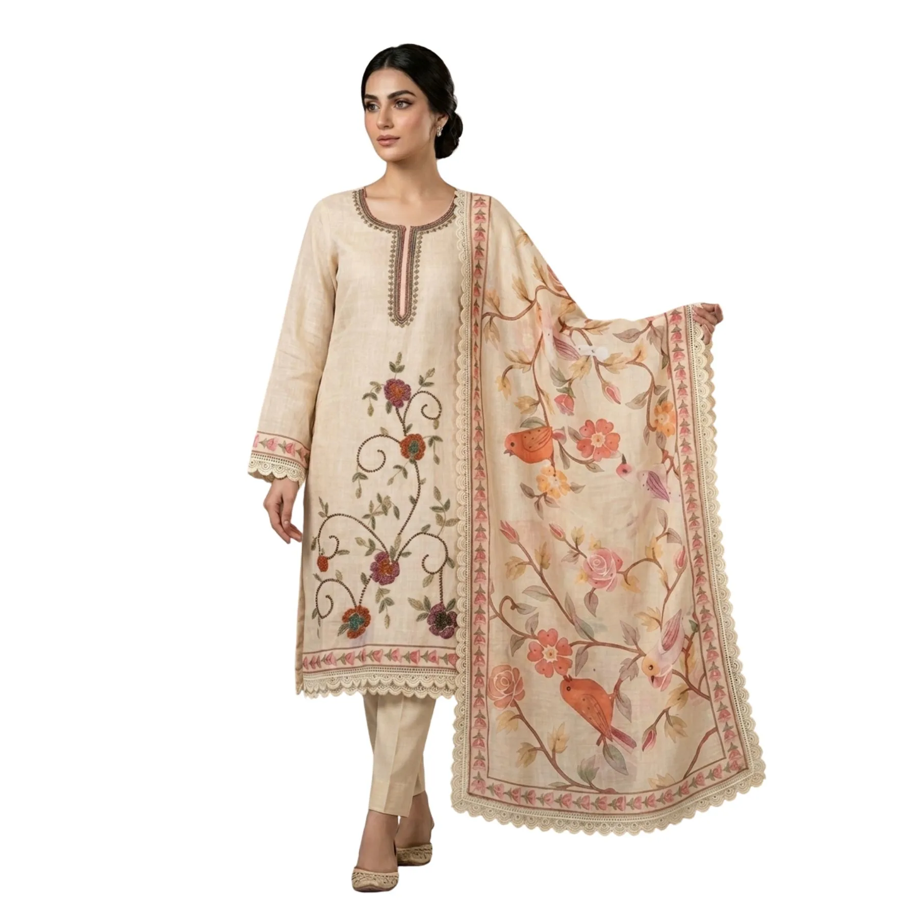 Light cream premium mul cotton unstitched suit with stylized floral sequin work by Kharatis