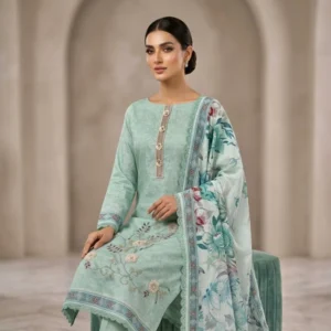 Pastel seafoam green mul chanderi unstitched suit with hand embroidered floral vine motifs by Kharatis
