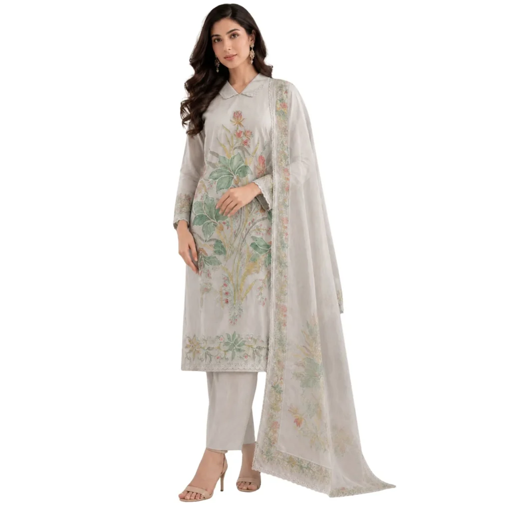 Powder mint green unstitched suit with delicate floral embroidery by Kharatis