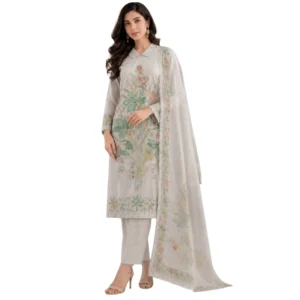 Powder mint green unstitched suit with delicate floral embroidery by Kharatis