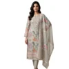 Pearl beige premium mul cotton unstitched suit with pastel pink and powder blue floral embroidery and mirror work by Kharatis