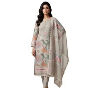 Pearl beige premium mul cotton unstitched suit with pastel pink and powder blue floral embroidery and mirror work by Kharatis