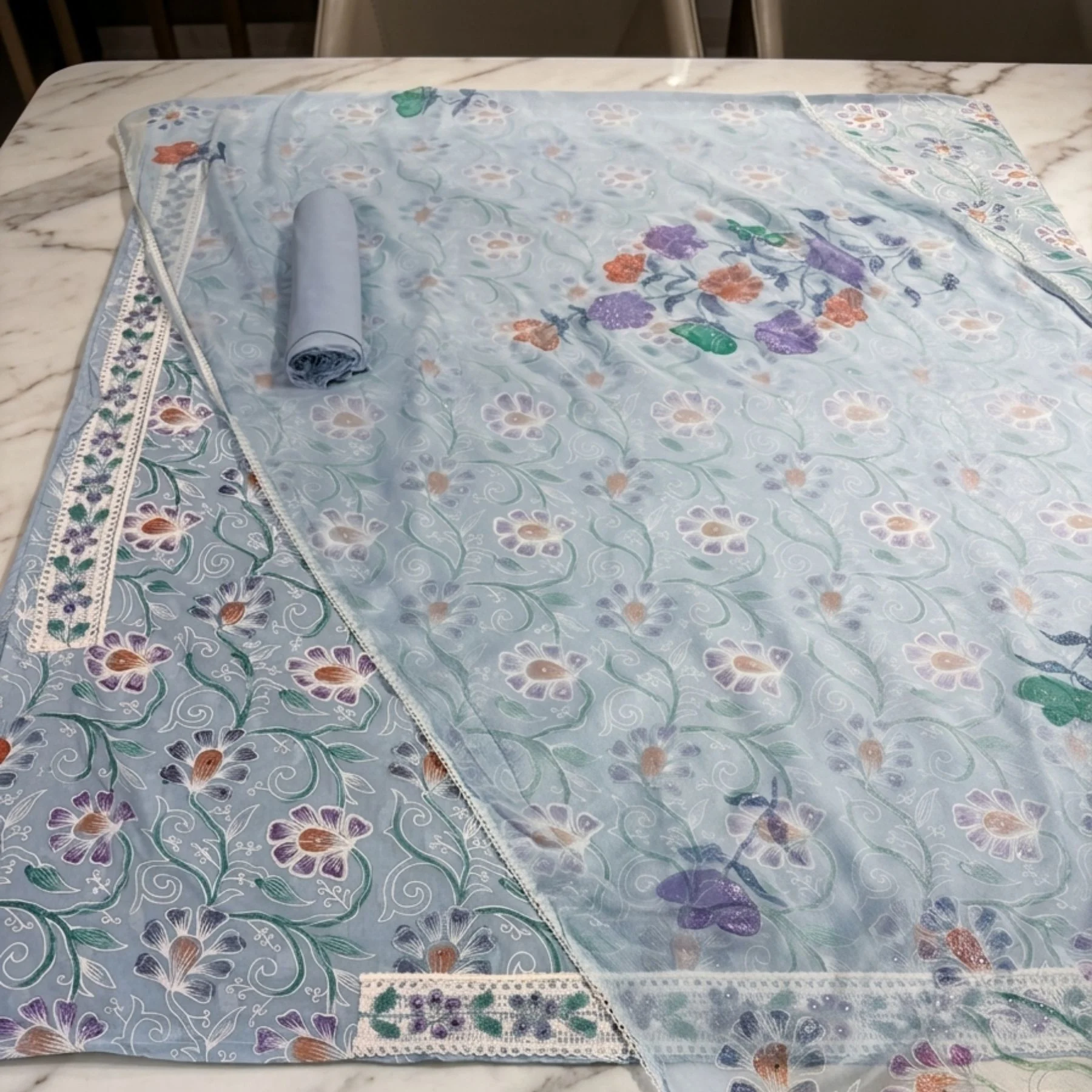 Light sky blue cambric cotton unstitched suit with paint work by Kharatis