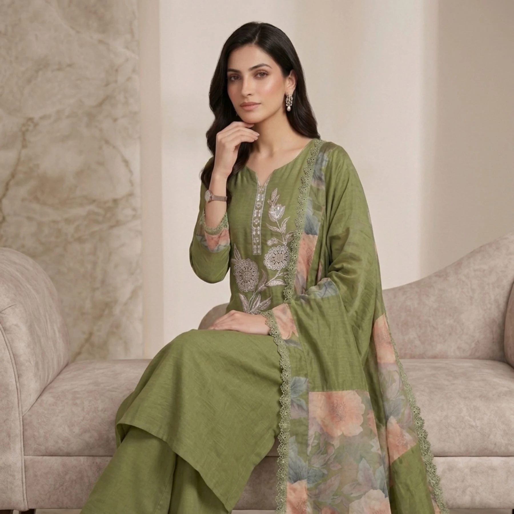 Rich olive green unstitched suit with floral embroidery, thread work and bead work by Kharatis