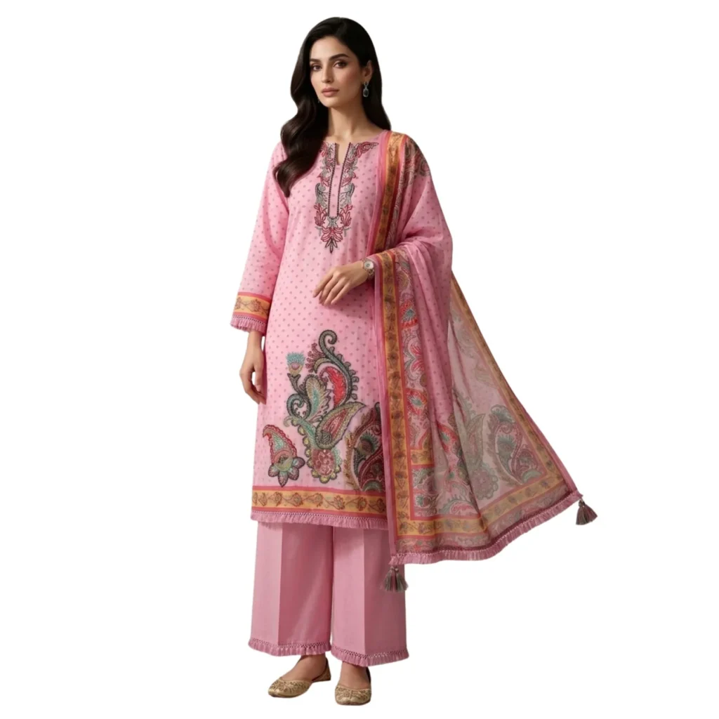 Light feminine pink mul cotton unstitched suit with multicolour embroidery by Kharatis
