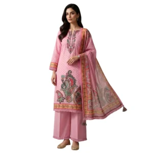Light feminine pink mul cotton unstitched suit with multicolour embroidery by Kharatis