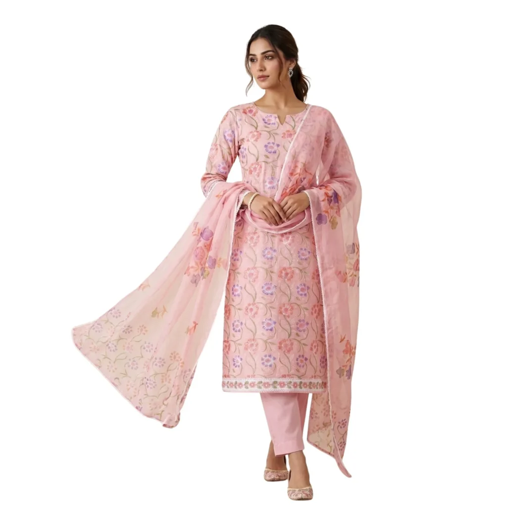 Light soft pink cambric cotton unstitched suit with floral paint design by Kharatis